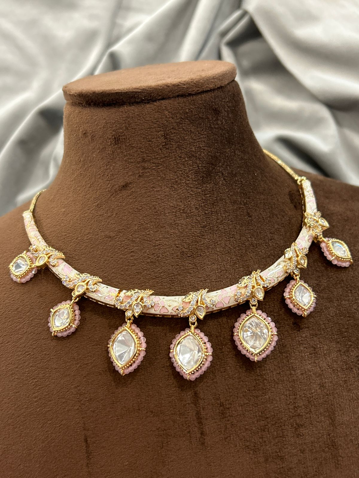 Baby Pink Enamel Diamond Choker Necklace Set
